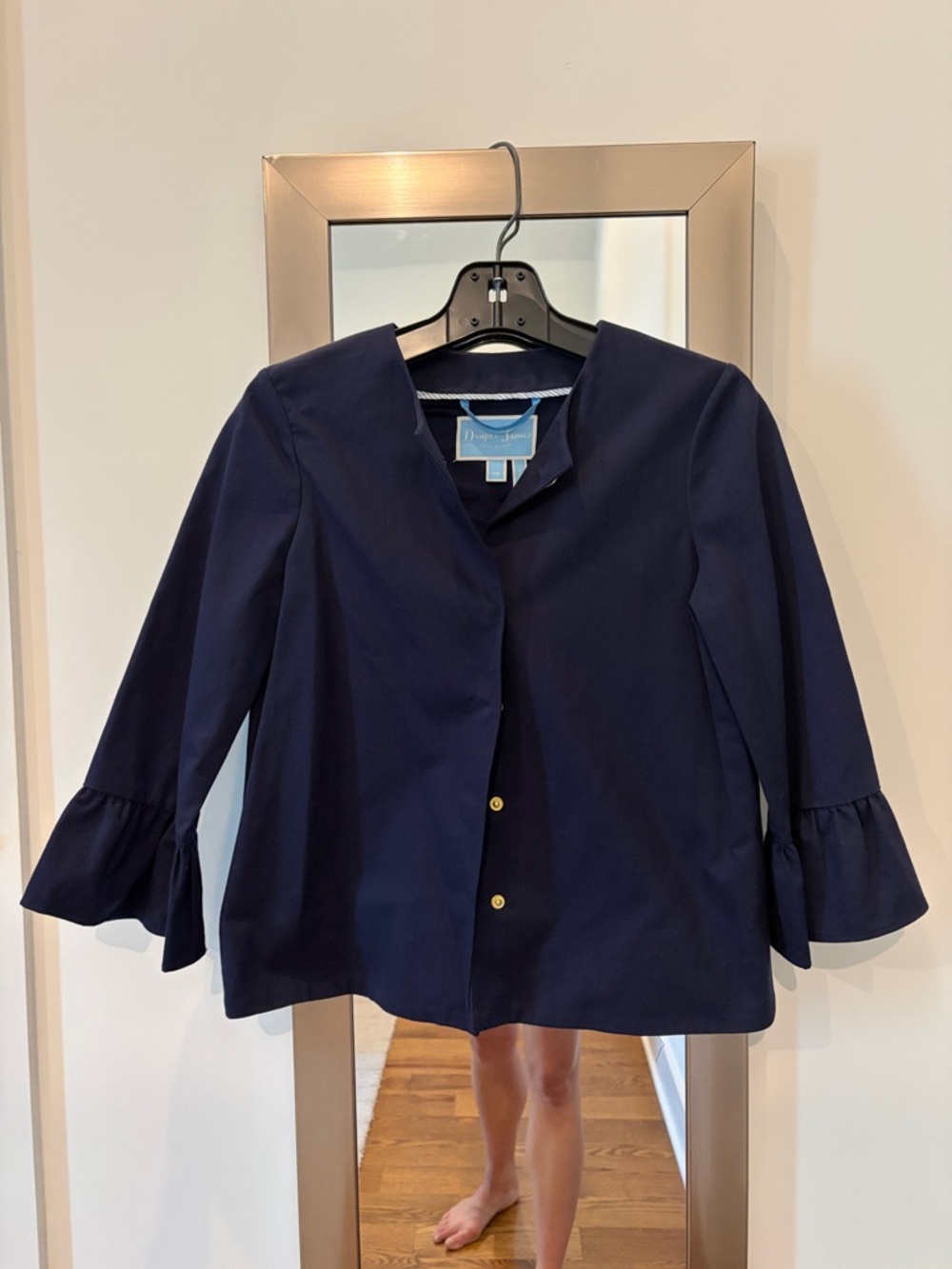 Draper James Navy Ruffle-Cuff Blazer with Gold Buttons